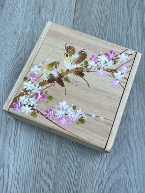 Hand Painted Japanese Asian Watercolor Style Birds Flowers Wooden Trinket Box